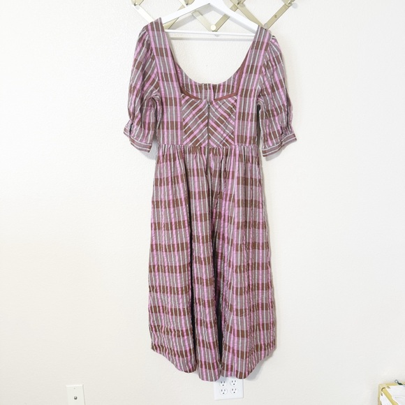 NEW Free People Tulie Plaid Midi Button Front Puff Sleeve Dress Pink Brown Combo - Picture 9 of 10